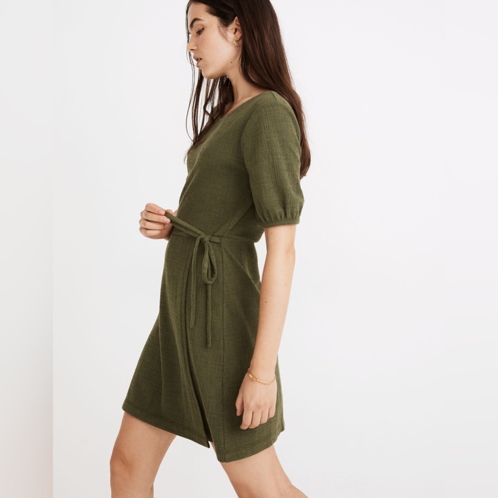 MADEWELL Green Crosshatch Puff-Sleeve Faux-Wrap Mini Dress Size Large R181